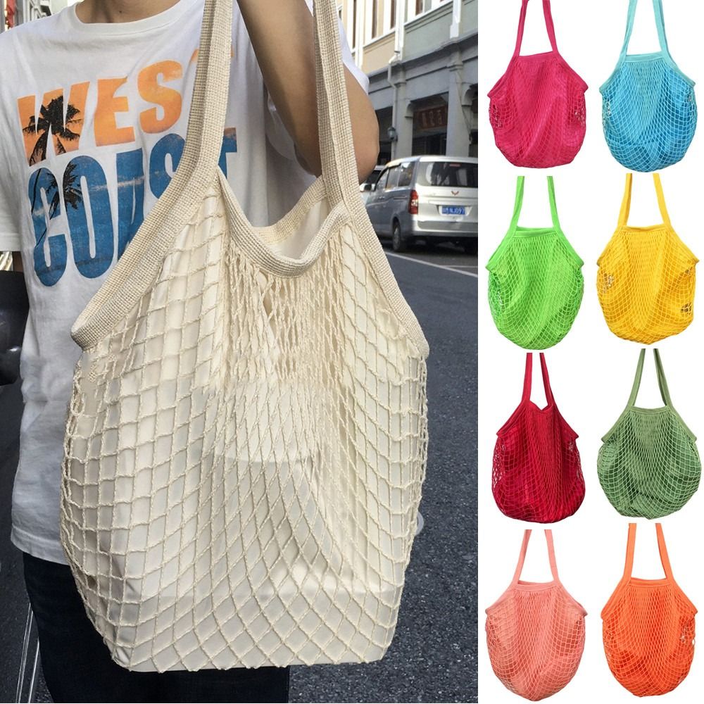 Crochet Market Bag - ถุงผ้าฝ้ายทนทาน ถุงตาข่ายแบบมีเชือก ใช้ซ้ำได้ กระเป๋าจัดระเบียบแบบพกพา ถุงตาข่ายระบายอากาศ ถุงใส่ผักผลไม้