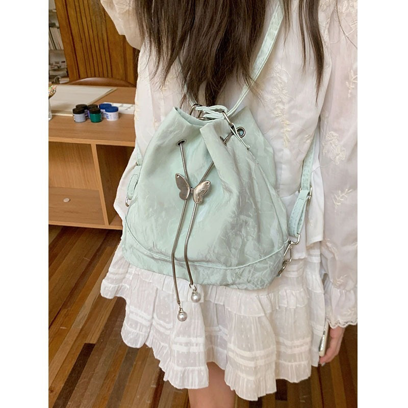 Women Bags Green - กระเป๋าเป้สะพายหลังผู้หญิงสีเขียวมิ้นท์ลายผีเสื้อ กระเป๋าสะพายไหล่สไตล์เกาหลีแบบใหม่ กระเป๋าถือทรงถังขนาดเล็ก น่ารักสไตล์คิวท์คอร์