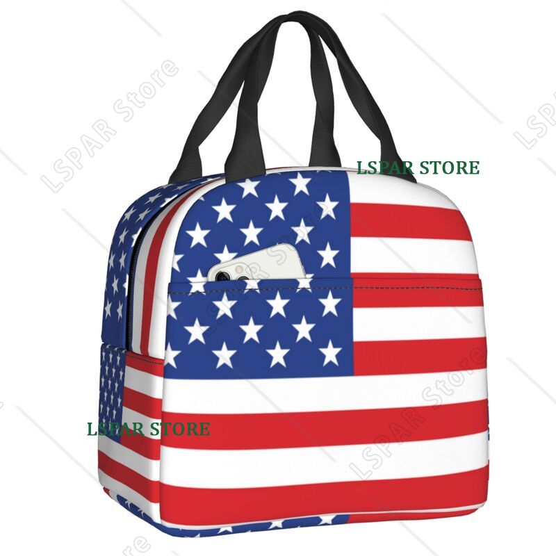 Women Bags Usa - กระเป๋าใส่อาหารกลางวันแบบมีฉนวนกันความร้อนลายธงชาติอเมริกันสำหรับผู้หญิง สหรัฐอเมริกา ลายดาว พกพาสะดวกสำหรับการตั้งแคมป์และการเดินทาง
