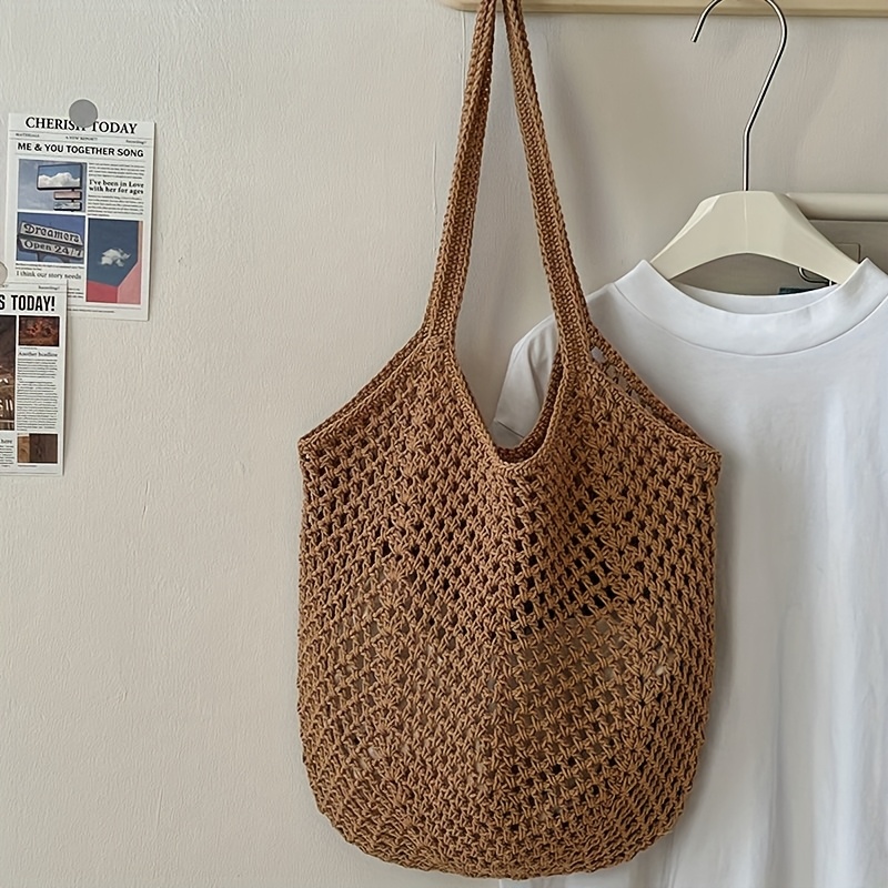 Crochet Market Bag - กระเป๋าถือโครเชต์ตาข่าย กระเป๋าสะพายไหล่แบบถัก กระเป๋าถักน้ำหนักเบาแบบใช้ซ้ำได้ สำหรับการเดินทางไปชายหาด ช้อปปิ้ง และใช้ในชีวิตประจำวัน