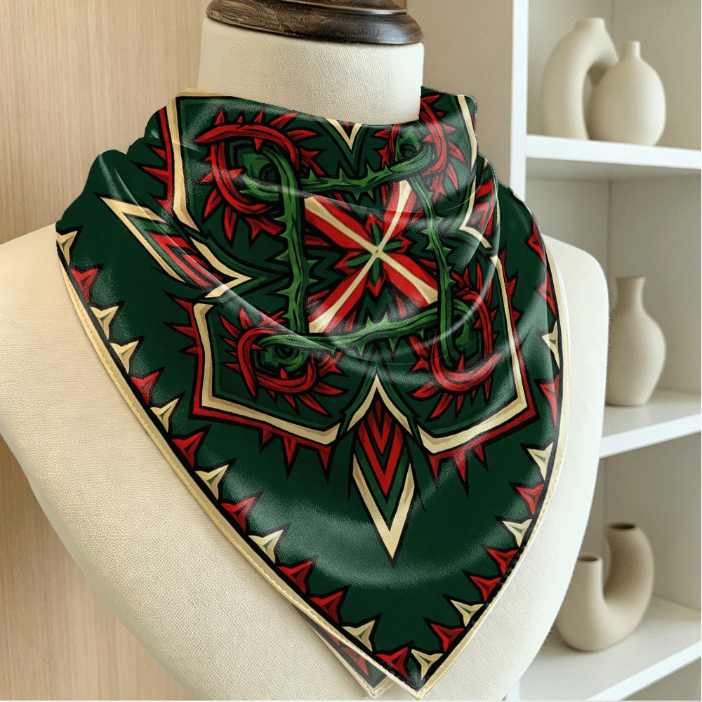 Women Bags Green - ผ้าพันคอทรงสี่เหลี่ยมหรูหราสำหรับผู้หญิง ลายเถาวัลย์มีหนามสีแดงและเขียวพร้อมลวดลายสมมาตรรูปไม้กางเขน ตกแต่งกระเป๋าและผมอย่างมีสไตล์ เป็นของขวัญที่สวยงาม