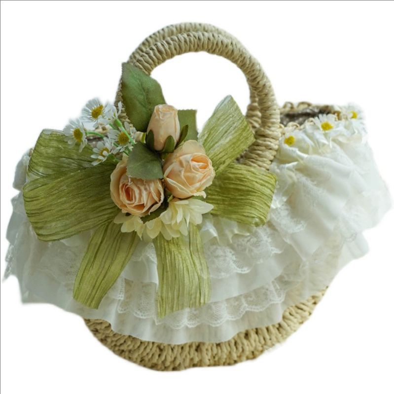 Women'S Bags Cross Body - กระเป๋าสานฟางลูกไม้โลลิต้าสไตล์คันทรี่, กระเป๋าชายหาดดอกไม้โลลิต้าคลาสสิก, กระเป๋าสะพายข้างและกระเป๋าสะพายสาวนุ่ม