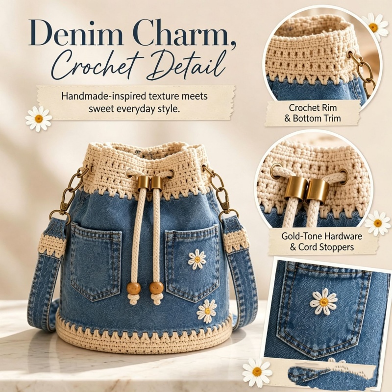 Crochet Market Bag - กระเป๋าถือโครเชต์ลายดอกไม้ กระเป๋าถือแบบมีเชือกผูก กระเป๋าสะพายข้างถักลายดอกไม้ กระเป๋าถือถักลายดอกไม้สำหรับผู้หญิง กระเป๋าสะพายไหล่สำหรับวันหยุด