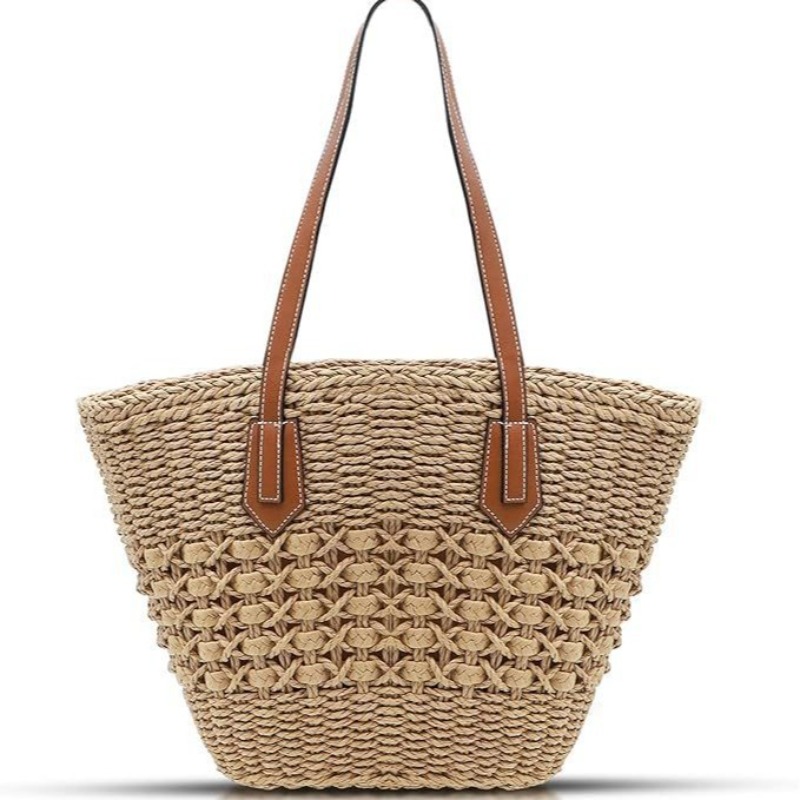 Crochet Market Bag - กระเป๋าสะพายไหล่สานหวายสำหรับผู้หญิงใบใหญ่ กระเป๋าถือสานโครเชต์สำหรับฤดูร้อน กระเป๋าถือชายหาด กระเป๋าถือทำมือแบบโปร่ง มีหูหิ้ว