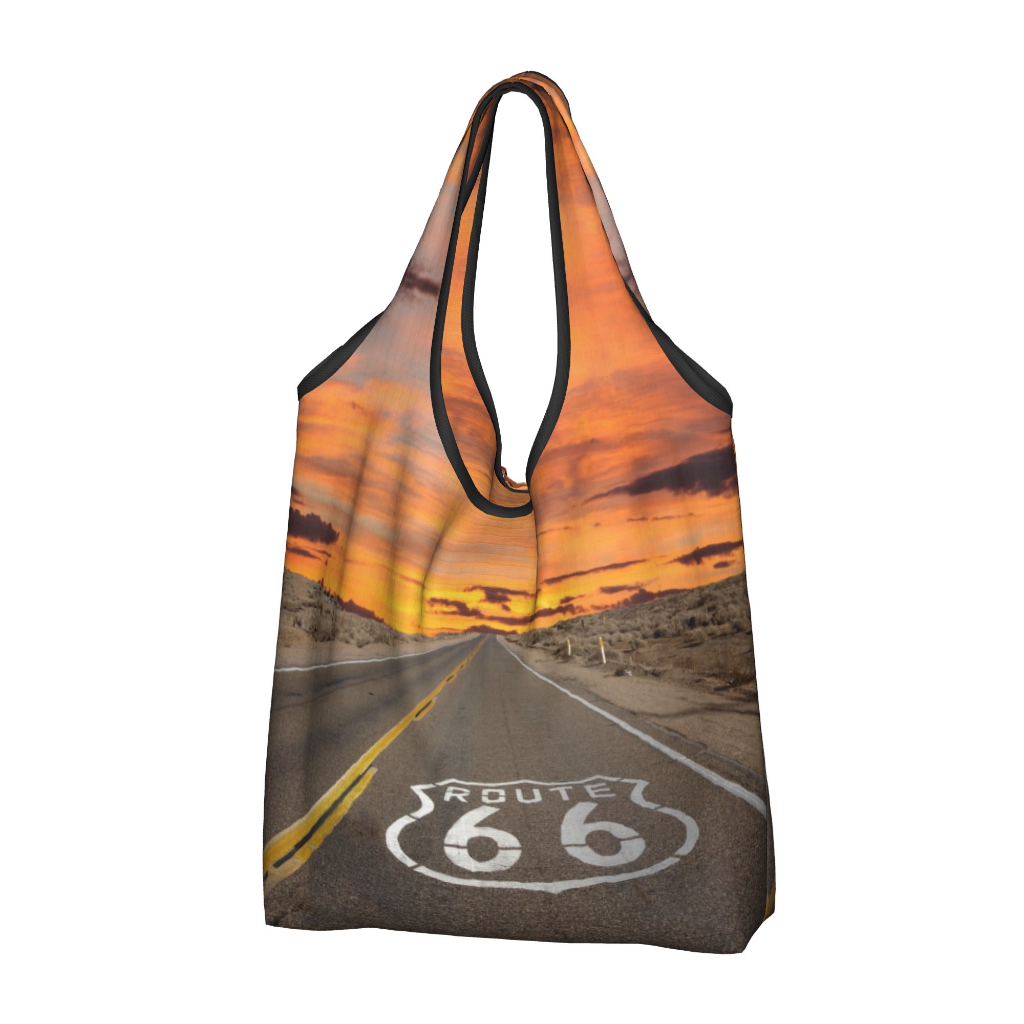 Women Bags Usa - กระเป๋าช้อปปิ้งรูท 66 สำหรับผู้หญิง แฟชั่นสไตล์อเมริกัน ลายทางหลวง กระเป๋าสะพายไหล่
