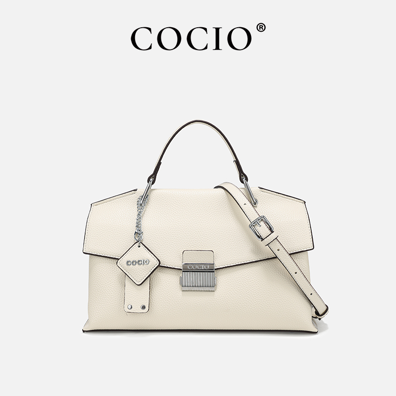 Top Handle Structured - กระเป๋าถือทรง Satchel หนังสีขาวขุ่นสำหรับผู้หญิง พร้อมหูหิ้วและตัวล็อคแบบกด ฮาร์ดแวร์สีเงิน สายสะพายปรับได้