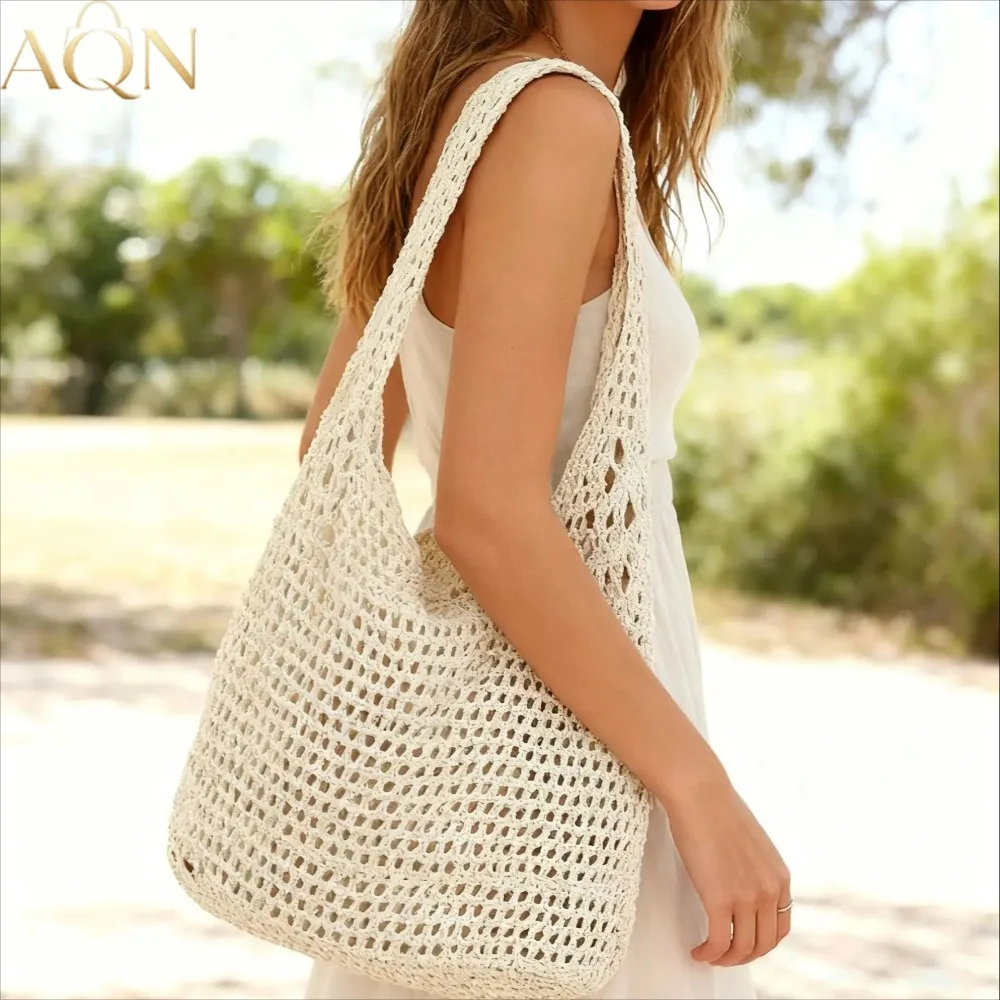 Crochet Market Bag - กระเป๋าสะพายไหล่ผู้หญิง AQN แบบลำลอง ความจุขนาดใหญ่ กระเป๋าถือแบบถักโครเชต์สีพื้น สำหรับวันหยุด