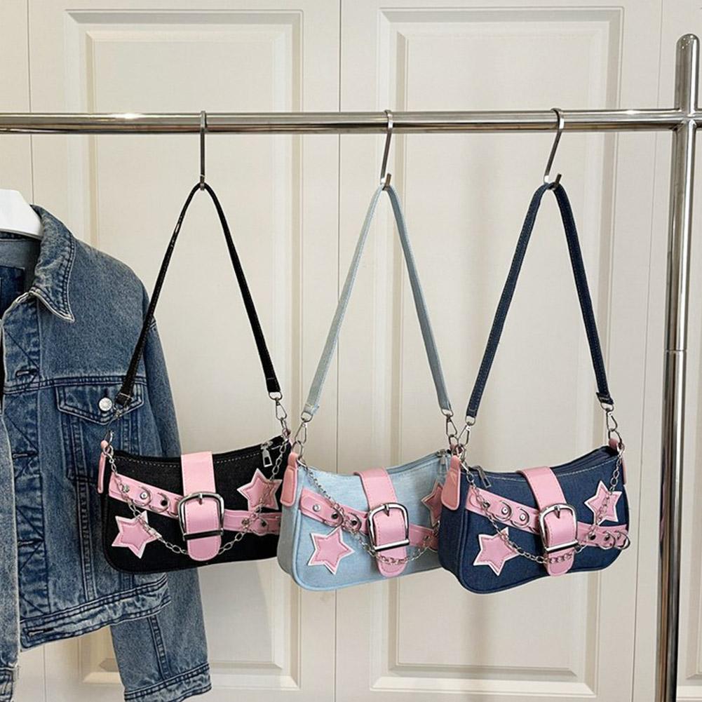 Women Bags Jeans - กระเป๋าถือแฟชั่นผู้หญิงลายดาวเดนิม กระเป๋าสะพายไหล่ใบเล็กสำหรับสาวเท่ กระเป๋าโฮโบแบบมีสายโซ่