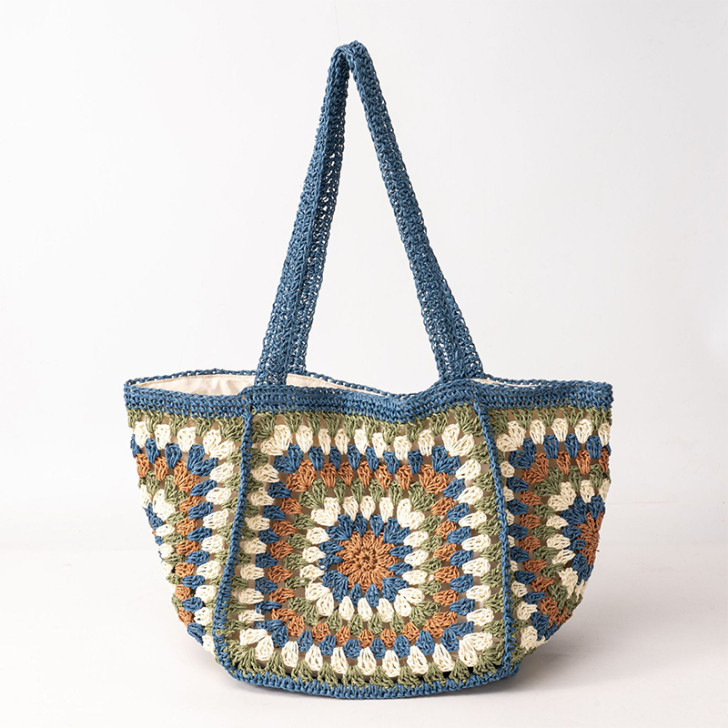 Crochet Market Bag - ฤดูร้อนกระเป๋าทอมือสี Match รูปแบบกระเป๋าถือผ้าใบซับขนาดใหญ่ความจุ Tote แฟชั่นวันหยุดชายทะเลกระเป๋าชายหาดกระเป๋าสตรี