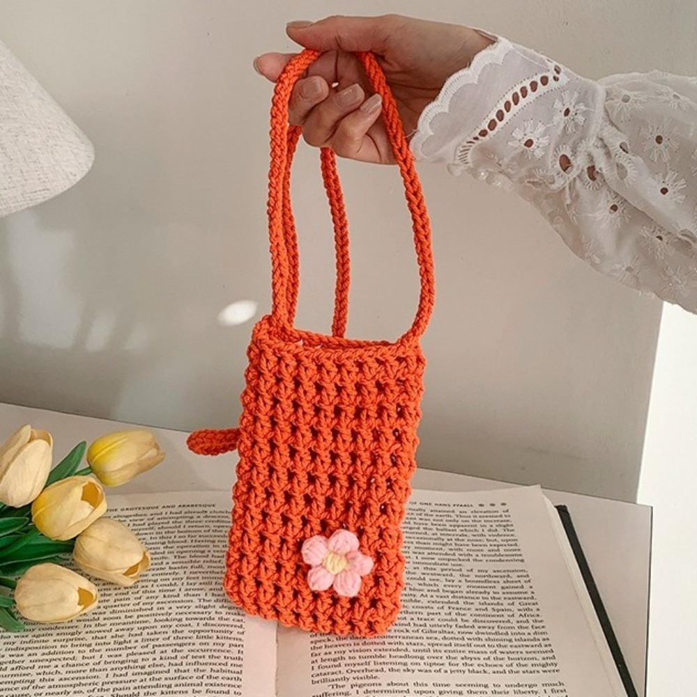 Crochet Market Bag - กระเป๋าสะพายข้างลายดอกไม้ถักน่ารัก กระเป๋าโทรศัพท์ทรงสี่เหลี่ยมแบบโปร่ง กระเป๋าถือถักสีพื้น กระเป๋าสะพายไหล่ถักสำหรับใช้ในชีวิตประจำวัน