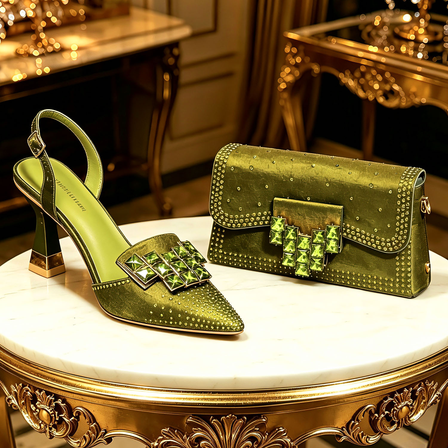 Women Bags Green - 2026 INS รองเท้าส้นสูงผู้หญิงหัวแหลมประดับไรน์สโตนสีเขียวมะกอกดีไซน์อิตาลีพร้อมชุดกระเป๋าเข้าชุดสำหรับงานปาร์ตี้และงานแต่งงาน