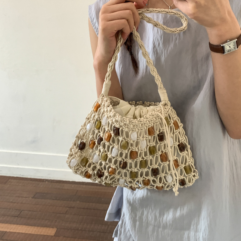 Crochet Market Bag - กระเป๋าถือสะพายไหล่ผู้หญิงแบบถักเชือก กระเป๋าถักโครเชต์สไตล์โบฮีเมียน กระเป๋าตาข่ายสำหรับผู้หญิง กระเป๋าชายหาดแบบถักขนาดเล็ก กระเป๋าโท้ทแบบมีฝาปิด