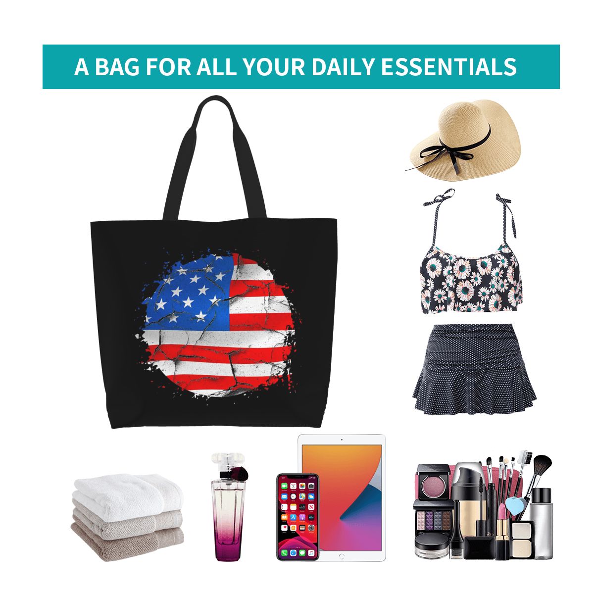 Women Bags Usa - USA อเมริกา ธงชาติอเมริกา กระเป๋าช้อปปิ้งผ้าแคนวาส กระเป๋าสะพายไหล่ความจุขนาดใหญ่ กระเป๋าช้อปปิ้ง